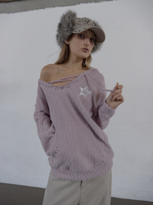 HAIRY V-NECK HOODIE / LILAC