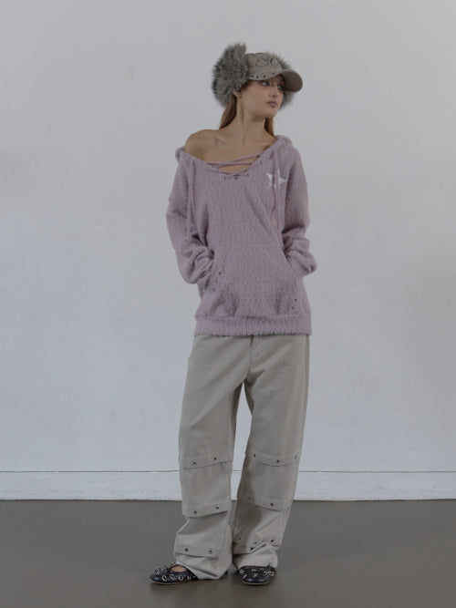 HAIRY V-NECK HOODIE / LILAC