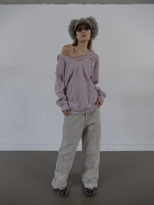 HAIRY V-NECK HOODIE / LILAC