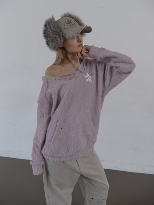 HAIRY V-NECK HOODIE / LILAC