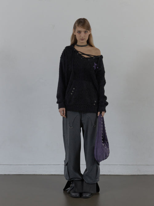 HAIRY V-NECK HOODIE / BLACK