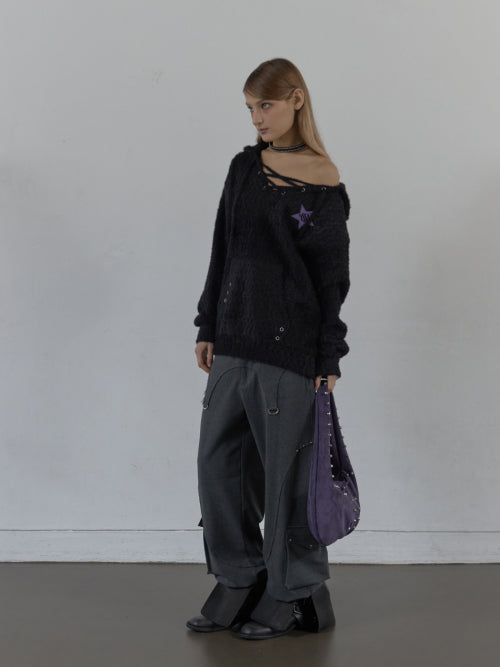 HAIRY V-NECK HOODIE / BLACK