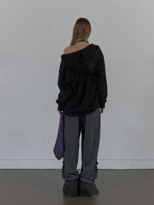 HAIRY V-NECK HOODIE / BLACK