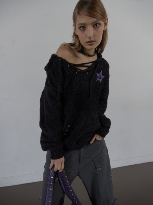 HAIRY V-NECK HOODIE / BLACK