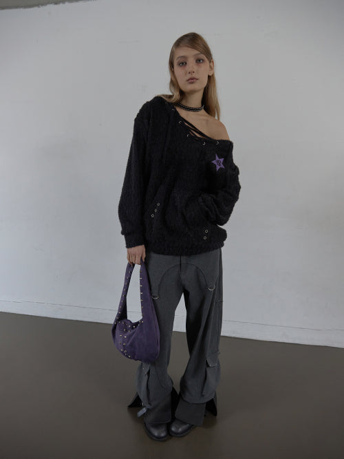 HAIRY V-NECK HOODIE / BLACK