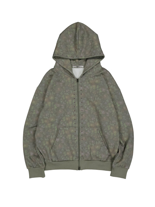 FLOWER STUDDED HOODIE ZIP-UP / KHAKI