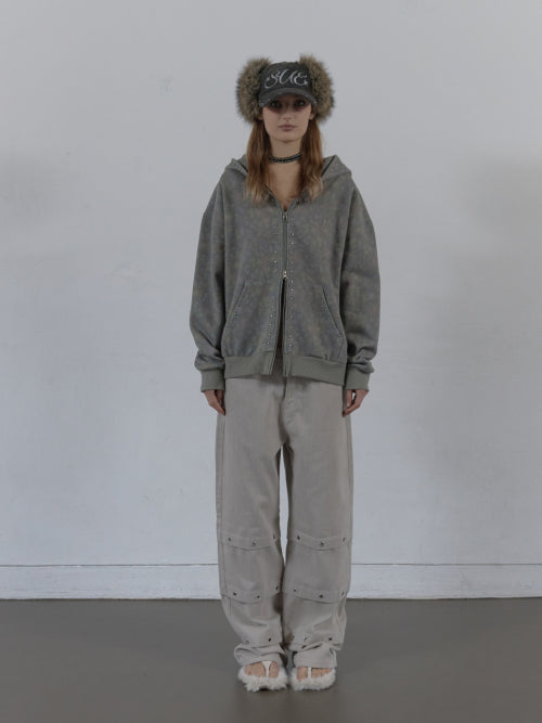 FLOWER STUDDED HOODIE ZIP-UP / KHAKI