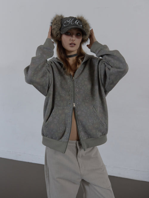 FLOWER STUDDED HOODIE ZIP-UP / KHAKI