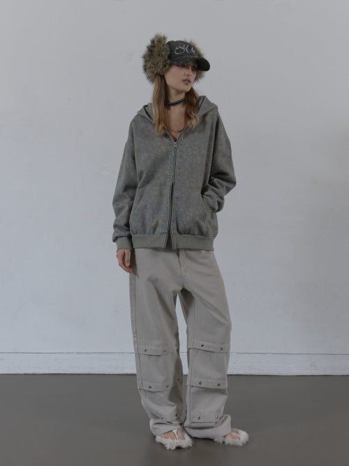 FLOWER STUDDED HOODIE ZIP-UP / KHAKI