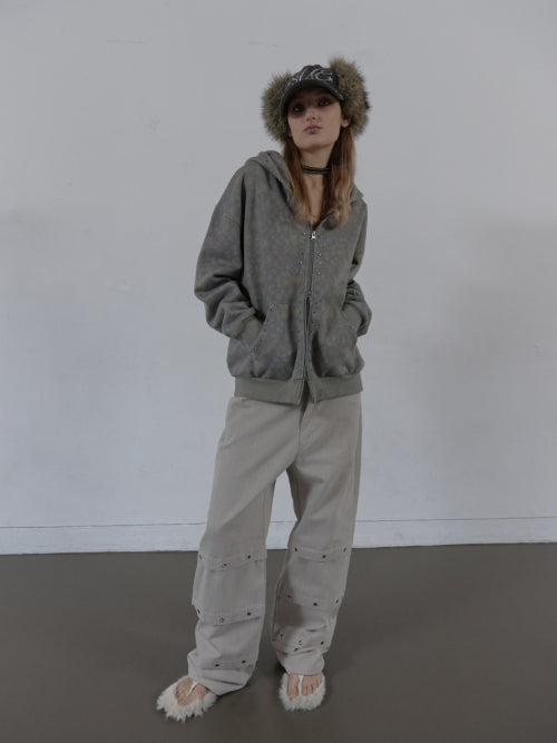 FLOWER STUDDED HOODIE ZIP-UP / KHAKI