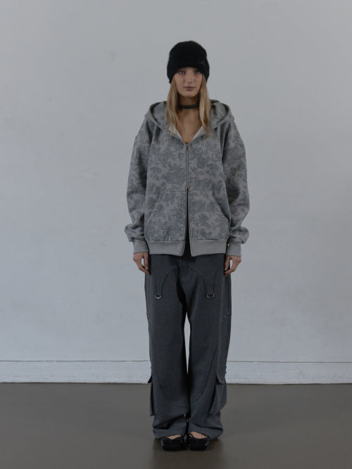 FLOWER STUDDED HOODIE ZIP-UP / MELANGE GRAY
