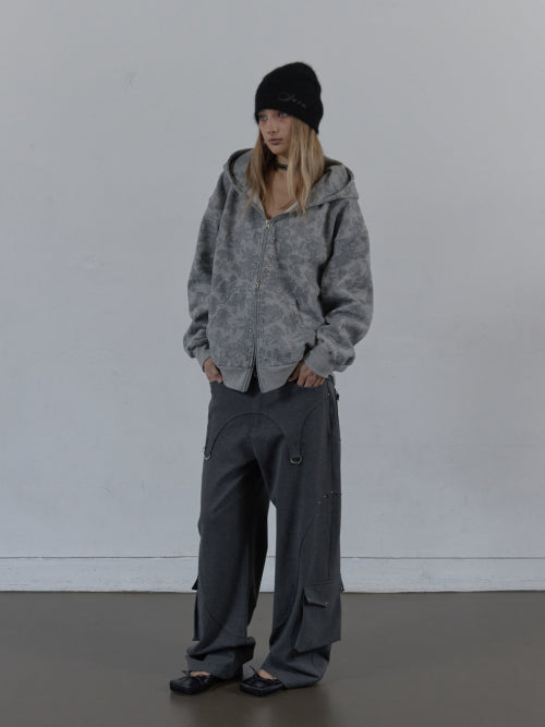 FLOWER STUDDED HOODIE ZIP-UP / MELANGE GRAY