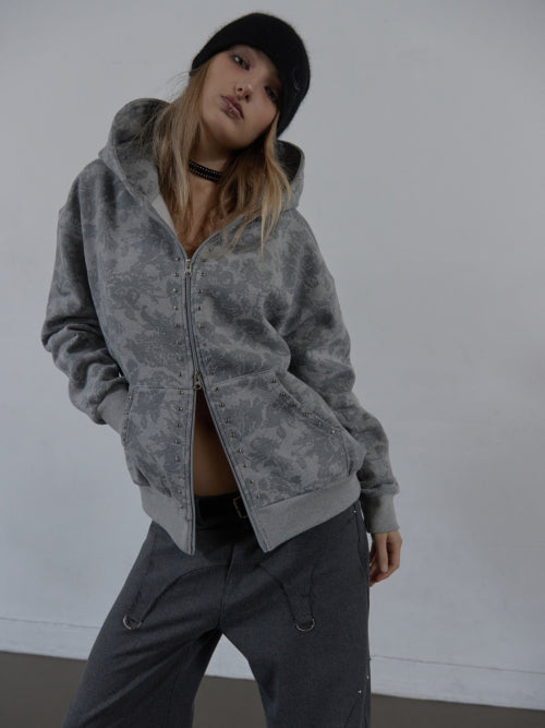 FLOWER STUDDED HOODIE ZIP-UP / MELANGE GRAY
