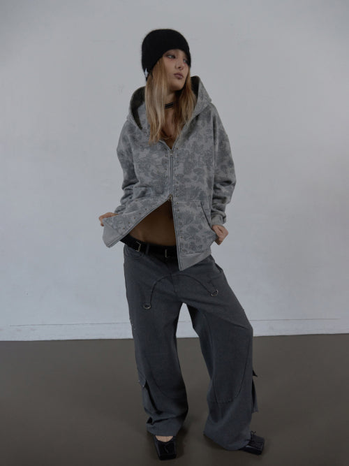 FLOWER STUDDED HOODIE ZIP-UP / MELANGE GRAY