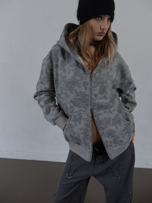 FLOWER STUDDED HOODIE ZIP-UP / MELANGE GRAY