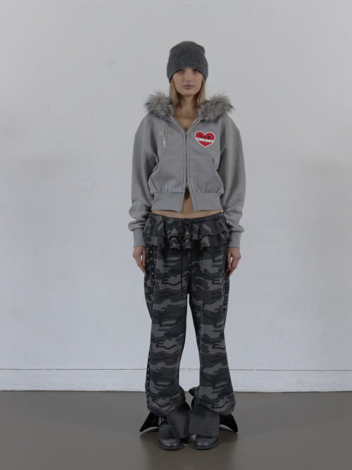 FUR TRIMMING HOODED ZIP-UP / MELANGE GRAY