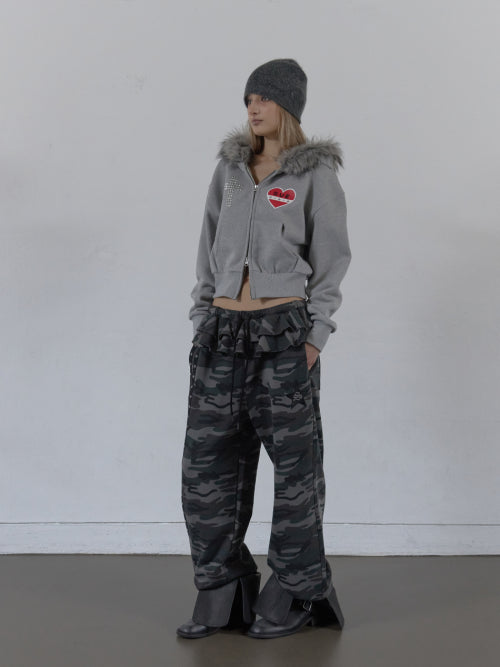 FUR TRIMMING HOODED ZIP-UP / MELANGE GRAY