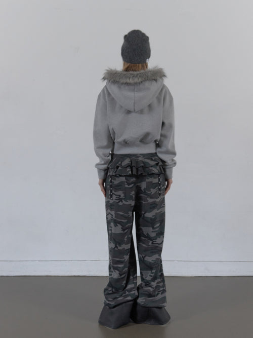 FUR TRIMMING HOODED ZIP-UP / MELANGE GRAY