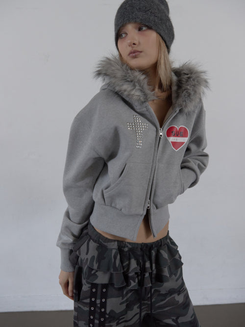 FUR TRIMMING HOODED ZIP-UP / MELANGE GRAY