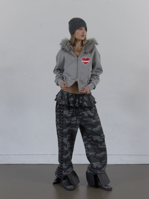 FUR TRIMMING HOODED ZIP-UP / MELANGE GRAY
