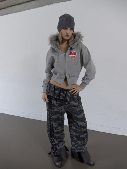 FUR TRIMMING HOODED ZIP-UP / MELANGE GRAY