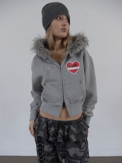 FUR TRIMMING HOODED ZIP-UP / MELANGE GRAY