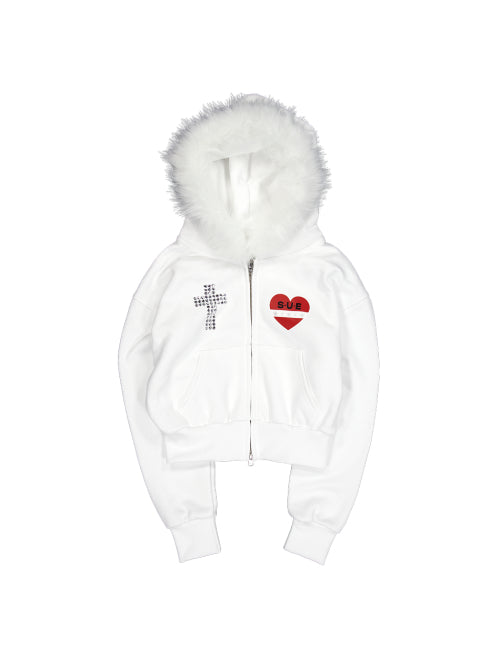 FUR TRIMMING HOODED ZIP-UP / WHITE
