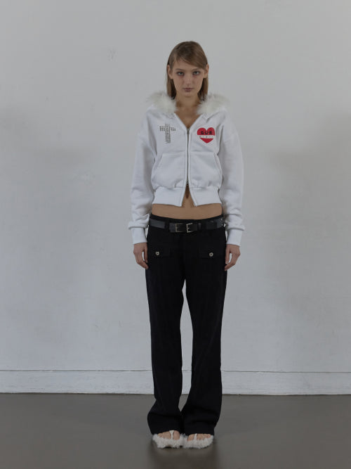 FUR TRIMMING HOODED ZIP-UP / WHITE