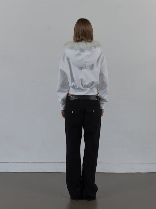 FUR TRIMMING HOODED ZIP-UP / WHITE