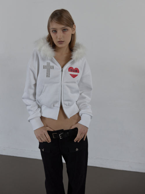 FUR TRIMMING HOODED ZIP-UP / WHITE
