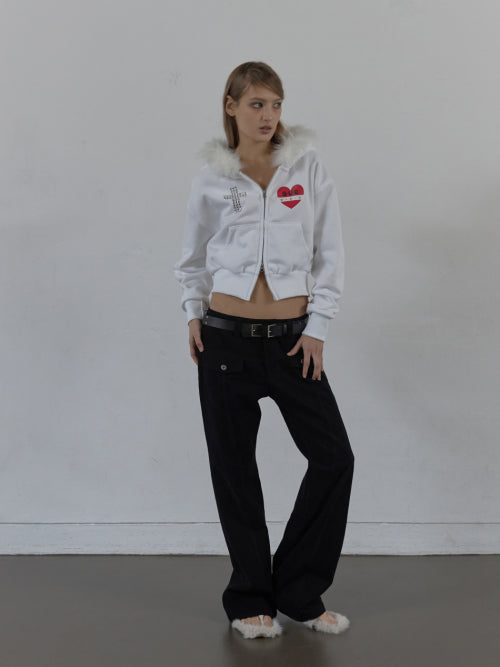 FUR TRIMMING HOODED ZIP-UP / WHITE