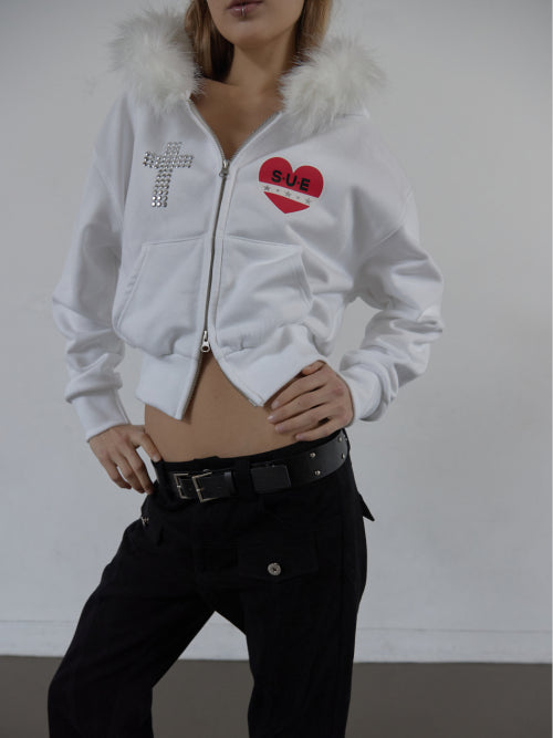 FUR TRIMMING HOODED ZIP-UP / WHITE
