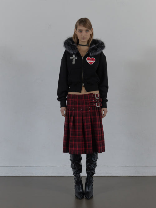 FUR TRIMMING HOODED ZIP-UP / BLACK
