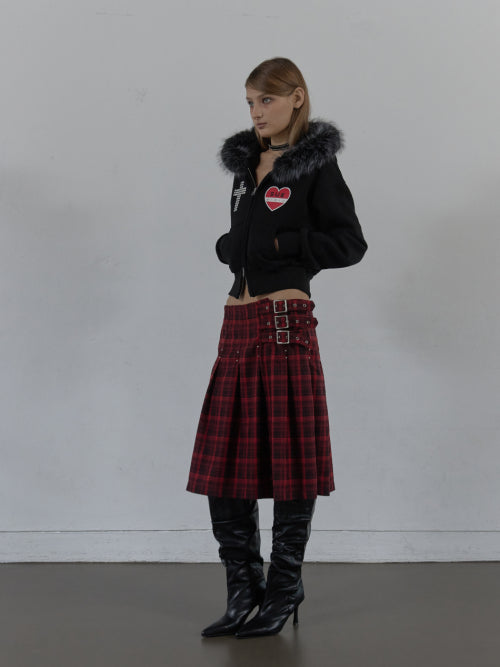 FUR TRIMMING HOODED ZIP-UP / BLACK
