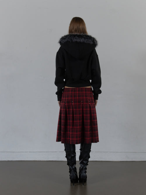 FUR TRIMMING HOODED ZIP-UP / BLACK