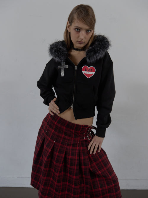 FUR TRIMMING HOODED ZIP-UP / BLACK