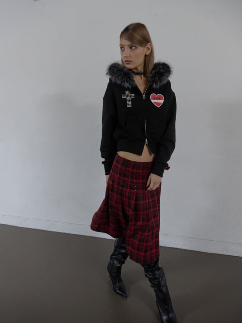 FUR TRIMMING HOODED ZIP-UP / BLACK
