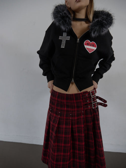 FUR TRIMMING HOODED ZIP-UP / BLACK