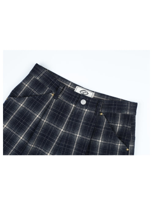 (W) Star rivet checkered wool pants