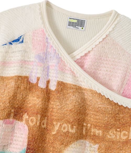 V-Neck Lace Knit Long Sleeve_Cream Horse