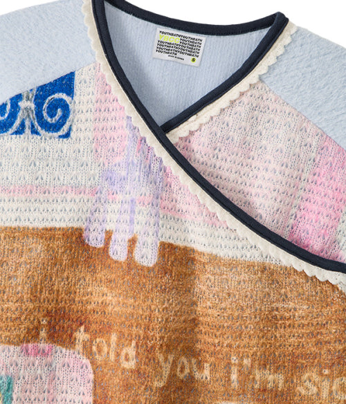 V-Neck Lace Knit Long Sleeve_Light Blue Horse