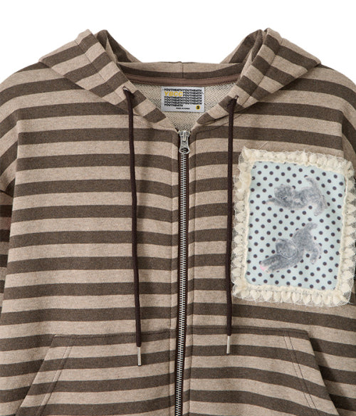 Lace Frame Stripe Hood Zip-Up_Brown