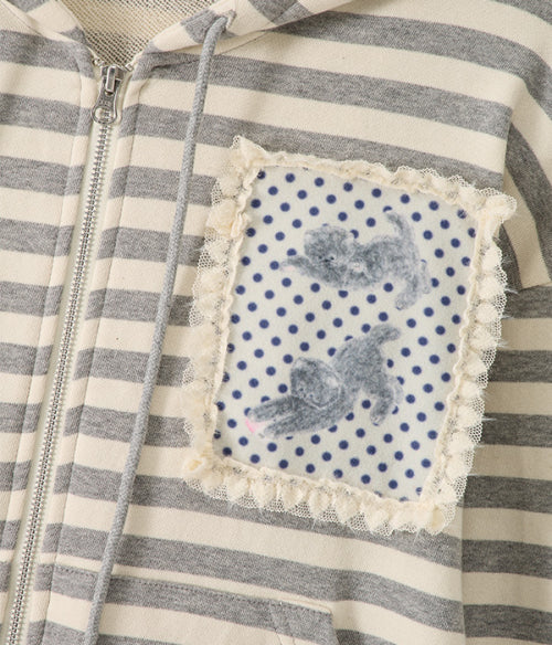 Lace Frame Stripe Hood Zip-Up_Light Gray