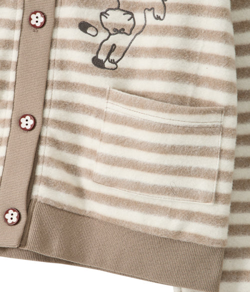 Cat Graphic Striped Cardigan_Beige