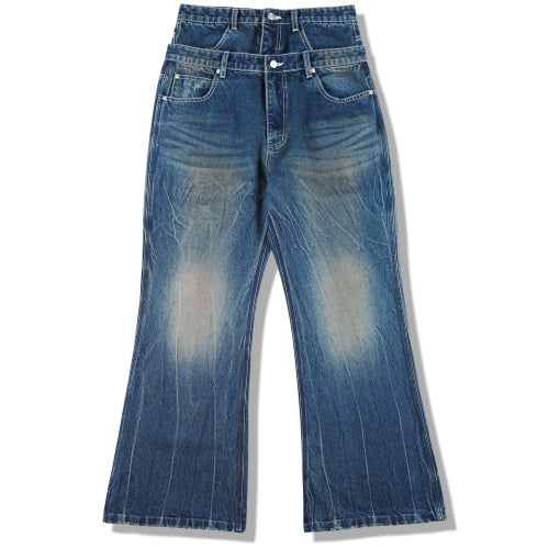 Vintage Washing Double Layer Flared Jeans - MidBlue