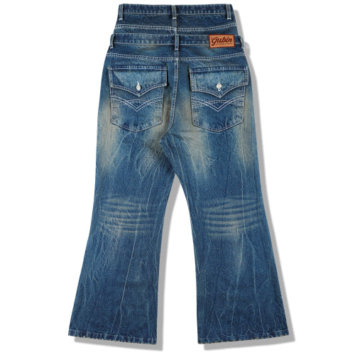 Vintage Washing Double Layer Flared Jeans - MidBlue