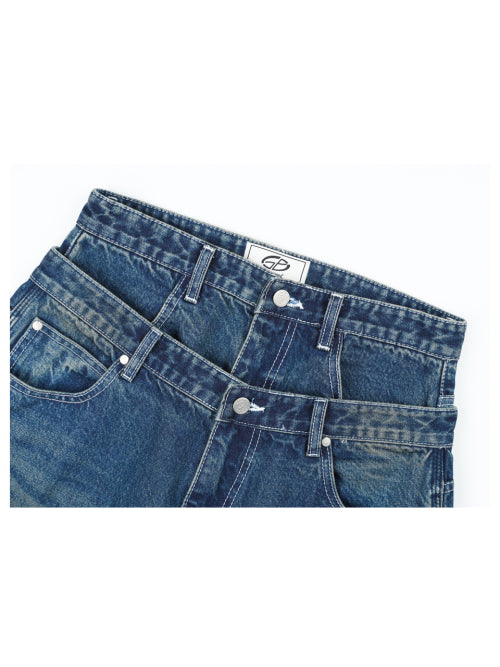 Vintage Washing Double Layer Flared Jeans - MidBlue