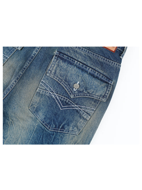 Vintage Washing Double Layer Flared Jeans - MidBlue