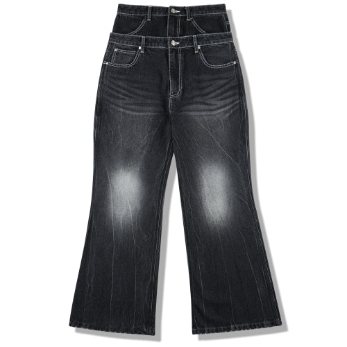 Vintage Washing Double Layer Flared Jeans - BlueBlack