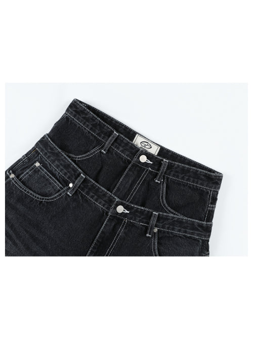 Vintage Washing Double Layer Flared Jeans - BlueBlack